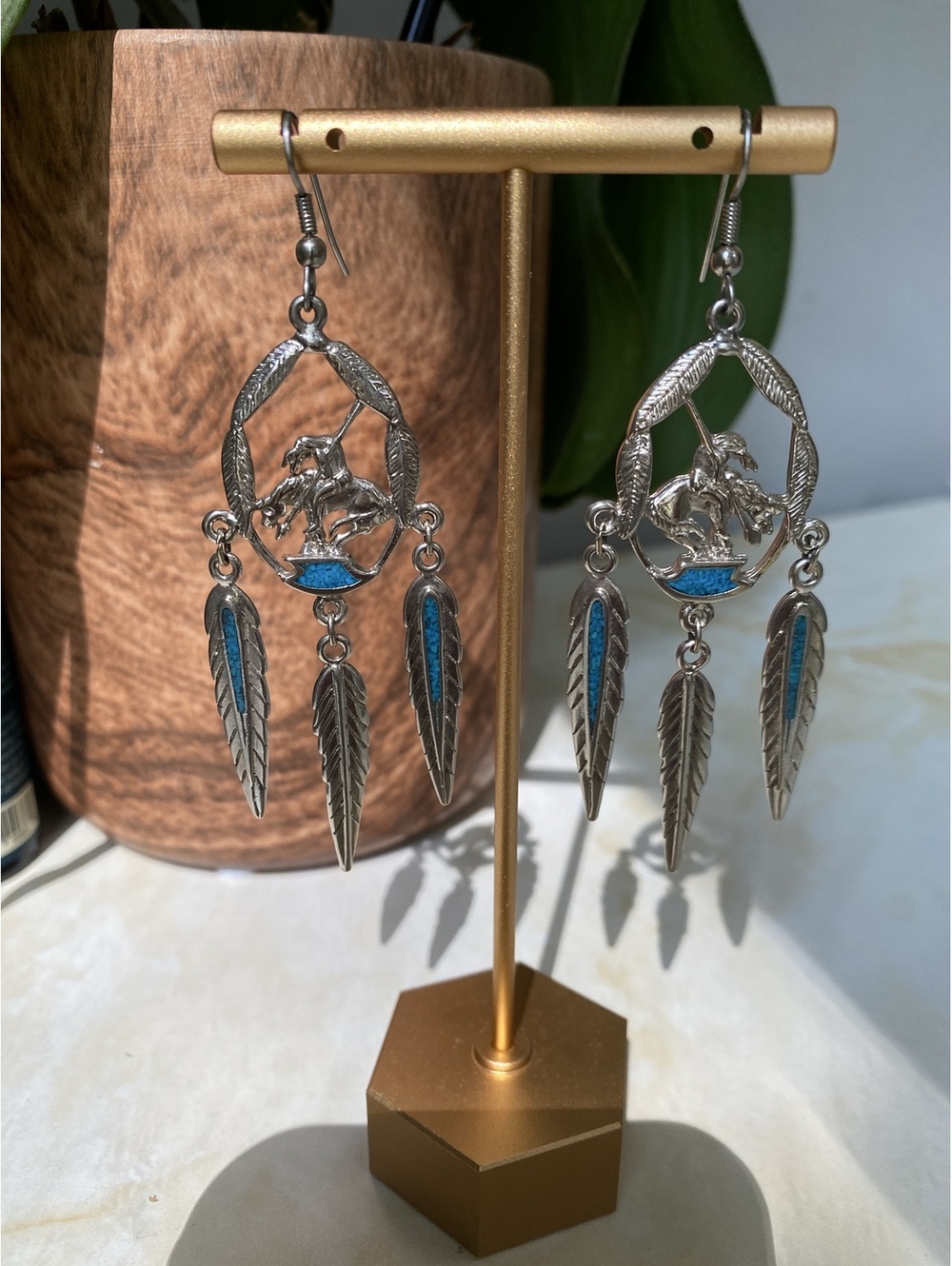 Silver-Tone Turquoise End of the Trail Feather Dangle Earrings